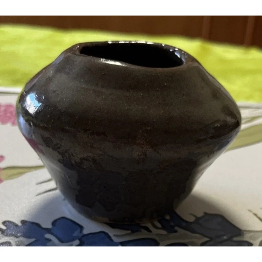 Brown Pottery Vase 3” Tall 5” Wide Handmade Rustic Glazed - Crafted by AV